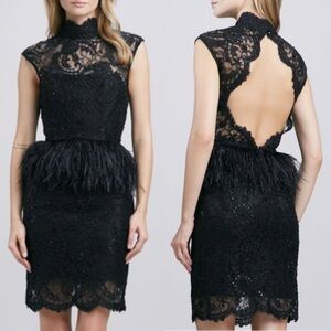 ALICE + OLIVIA PATRICIA OSTRICH FEATHER PEPLUM BEADED LACE OPEN BACK MINI DRESS